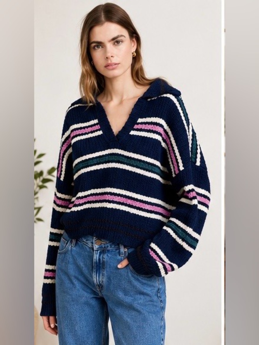 Free People Kennedy Pullover Sweater
Striped Collared V-Neck Cropped
 Size S/M